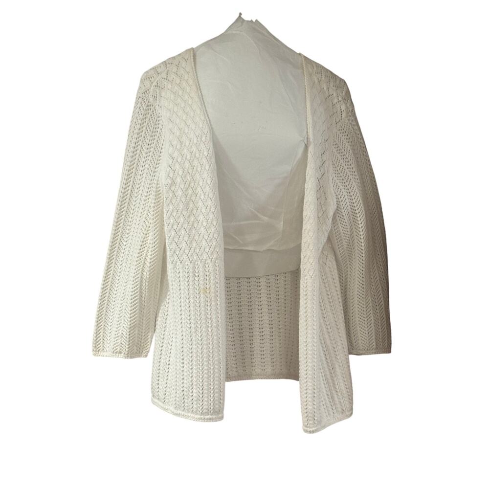 JM Collection open-front 100% cotton pointelle knit white cardigan Medium Petite